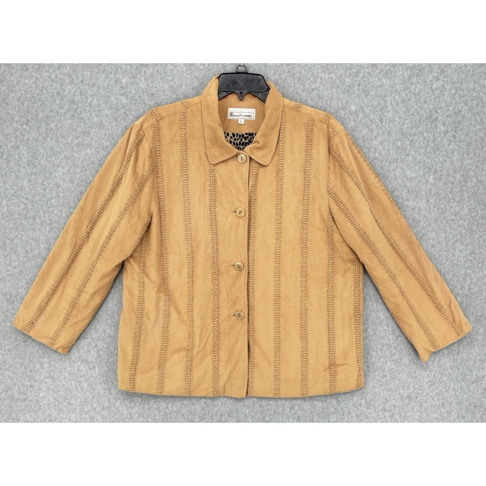 Elliott Lauren‎ Tan Faux Suede Jacket Leopard Print Lining Women's Large USA